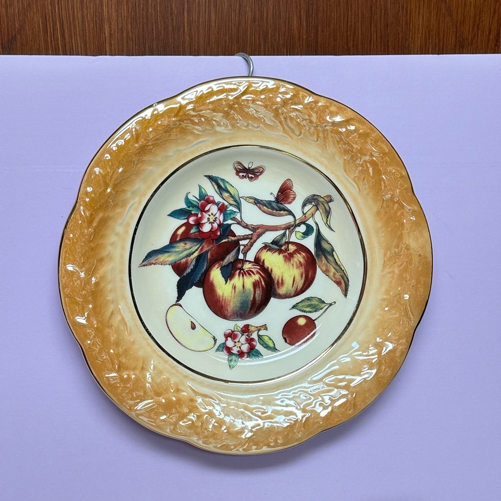 Vintage Plate peach lustreware gold trim with apples